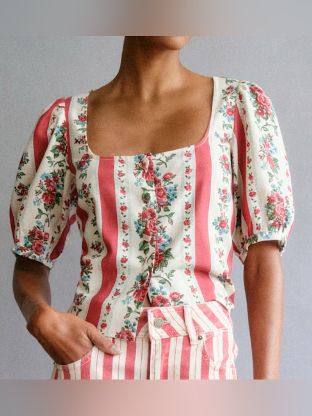 NWOT Sézane Laurie Blouse Margaret Print Floral Stripe Size 34 US 2 Linen Boho